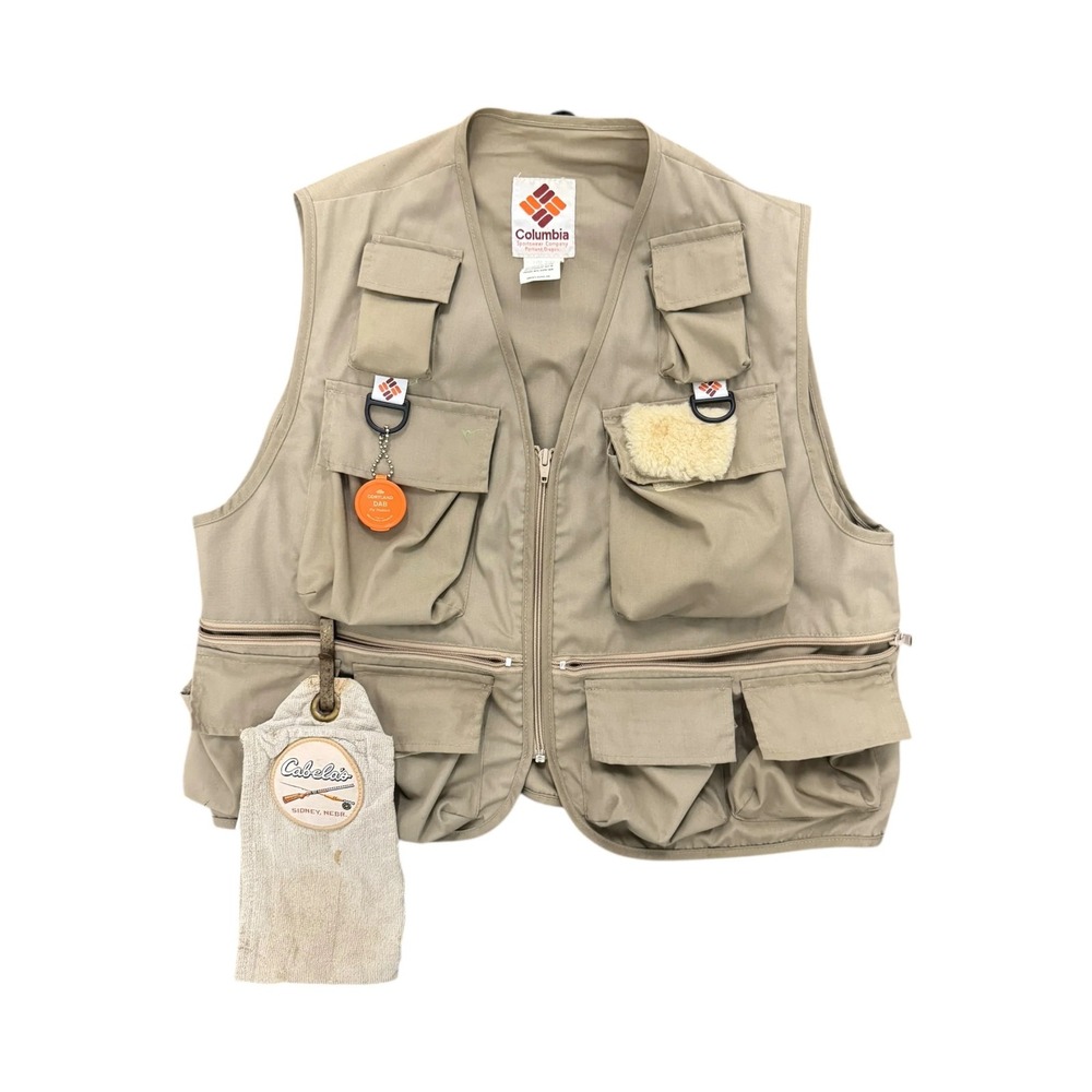 Columbia Fly Fishing Vest Mens Large Tan Good Vintage 80s Outdoor Utility